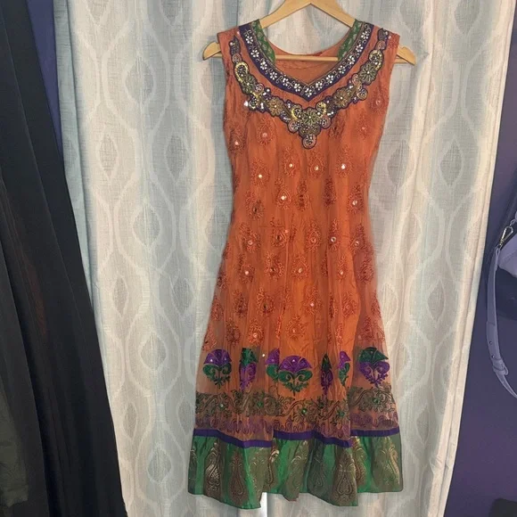 Span Ethnic Dress Orange Purple Green Size L - Picture 1 of 8